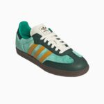 adidas Samba OG W JI2681 Court Green/Preloved Yellow/Collegiate Green velvet - official stock image, front three-quarter