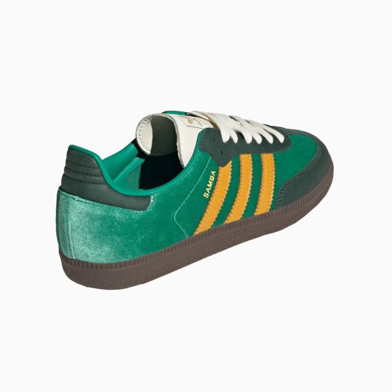 adidas Samba OG W JI2681 Court Green/Preloved Yellow/Collegiate Green velvet - official stock image, rear three-quarter