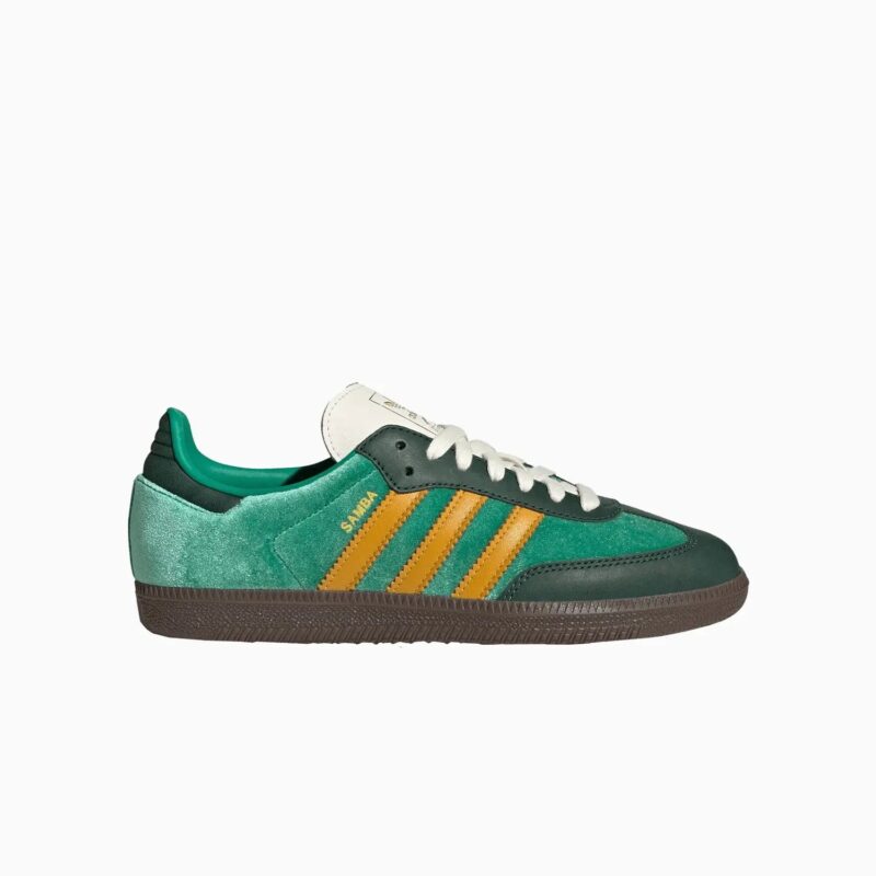adidas Samba OG W JI2681 Court Green/Preloved Yellow/Collegiate Green velvet - official stock image, side adidas Samba OG W JI2681 Court Green/Preloved Yellow/Collegiate Green velvet - official stock image, side