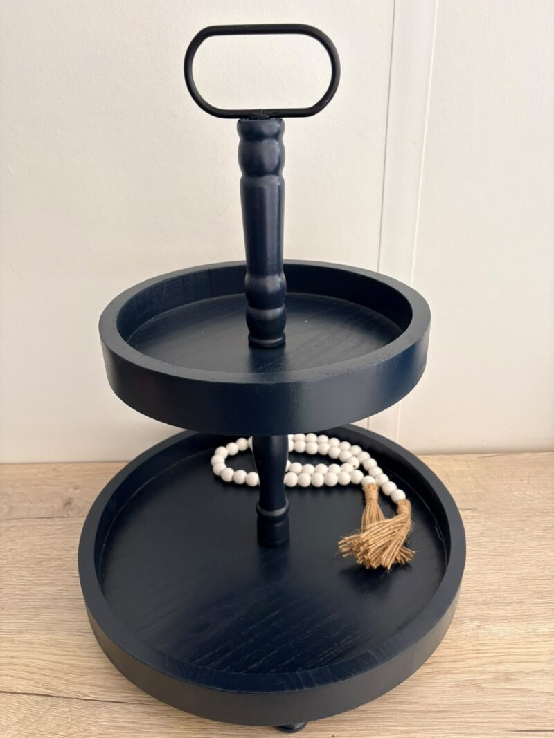Double Tiered Wood Tray Stand Wooden Farmhouse Rustic 2 Tier Serving Navy Blue