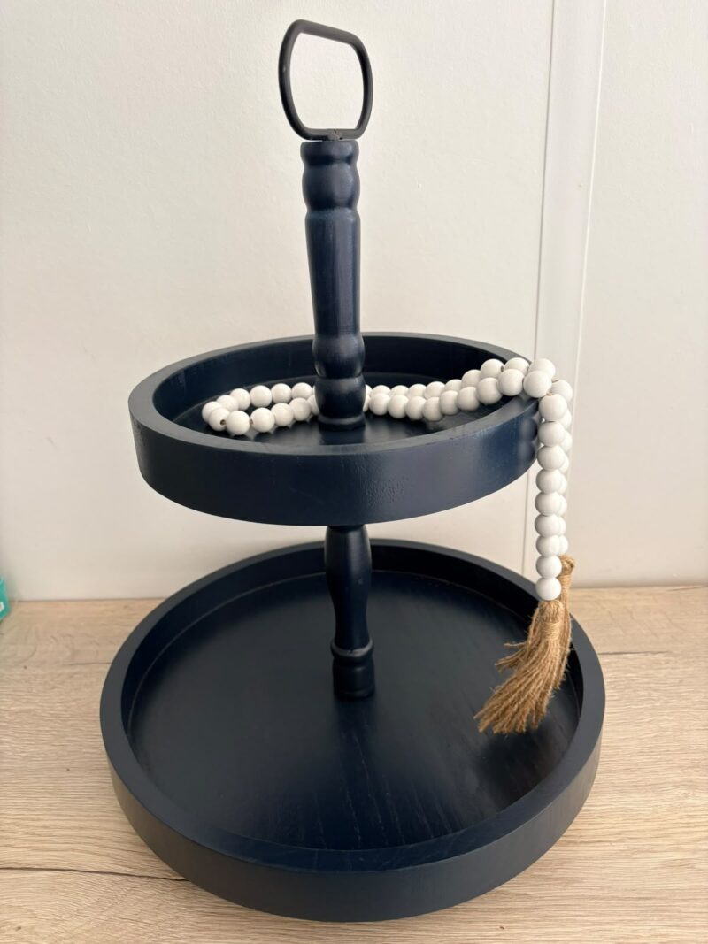 Double Tiered Wood Tray Stand Wooden Farmhouse Rustic 2 Tier Serving Navy Blue