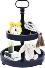 Double Tiered Wood Tray Stand Wooden Farmhouse Rustic 2 Tier Serving Navy Blue