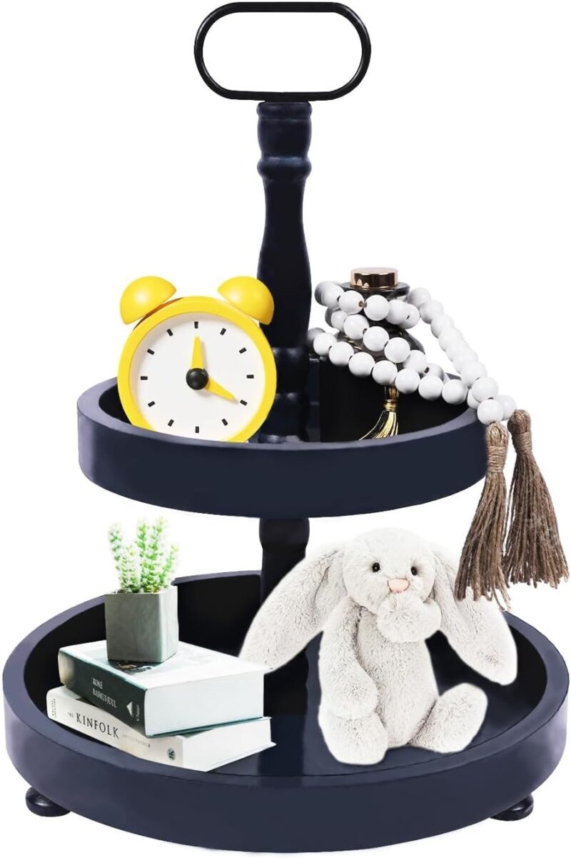 Double Tiered Wood Tray Stand Wooden Farmhouse Rustic 2 Tier Serving Navy Blue