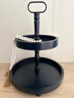 Double Tiered Wood Tray Stand Wooden Farmhouse Rustic 2 Tier Serving Navy Blue