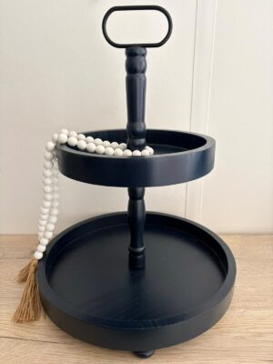 Double Tiered Wood Tray Stand Wooden Farmhouse Rustic 2 Tier Serving Navy Blue