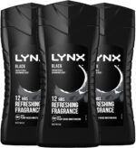 Lynx Black Shower Gel 225ml 3 Pack 3in1 Body Hair Face Wash Mens Fresh