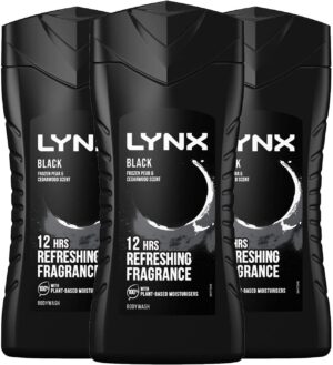 Lynx Black Shower Gel 225ml 3 Pack 3in1 Body Hair Face Wash Mens Fresh