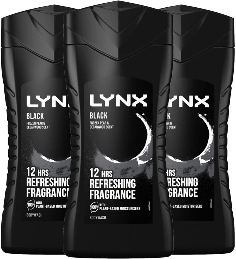 Lynx Black Shower Gel 225ml 3 Pack 3in1 Body Hair Face Wash Mens Fresh