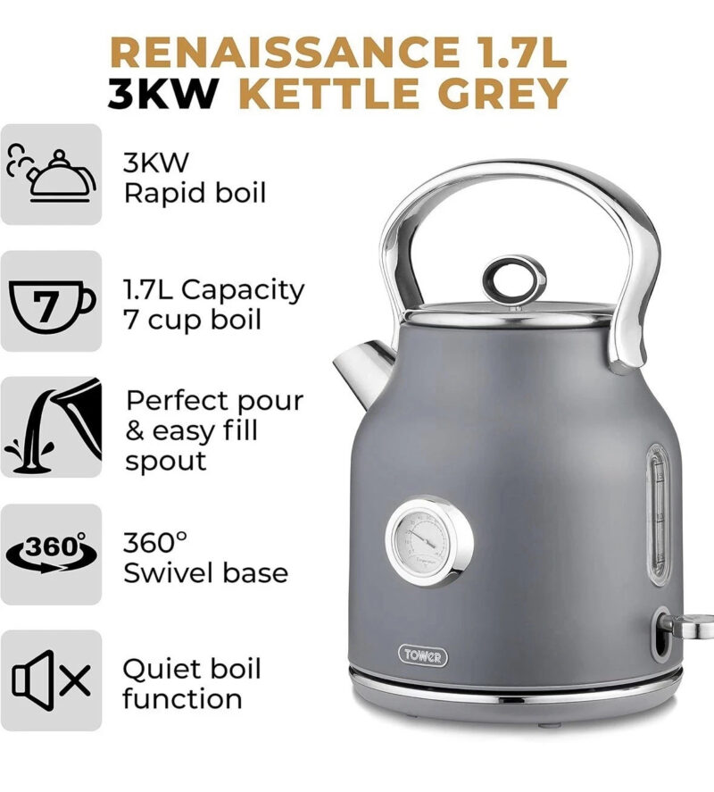 Tower T10063GRY Renaissance Kettle, Quick Boil, 360° Base, 1 Tower T10063GRY Renaissance Kettle, Quick Boil, 360° Base, 1.7L, 3kW, Grey