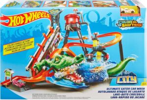 Hot Wheels Ultimate Gator Car Wash elevator, Crazy Track Whirlpool Color Shifter