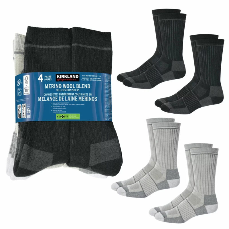 Kirkland Signature Merino Wool Blend (57%) Warm Comfy Socks, 4 Pack, Size 7-13