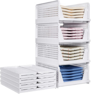 TidyIsles 8 Pack Plastic Folding Closet Stackable Storage Basket Closet White