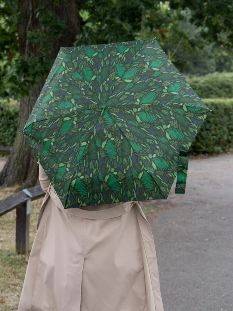 Totes Eco-Brella Compact Flat Fern Print Umbrella, Green/Multi