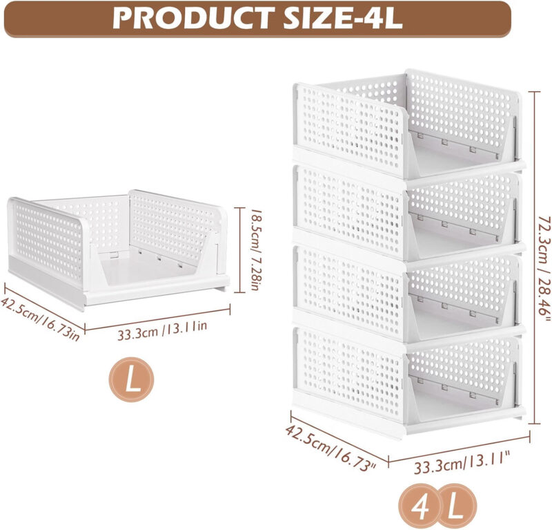 TidyIsles 8 Pack Plastic Folding Closet Stackable Storage Basket Closet White