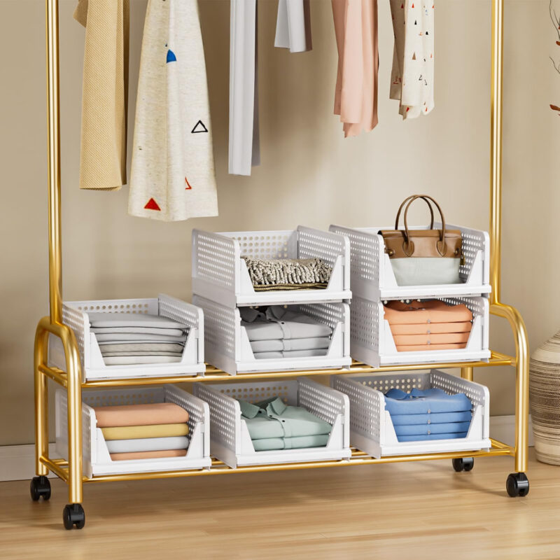 TidyIsles 8 Pack Plastic Folding Closet Stackable Storage Basket Closet White