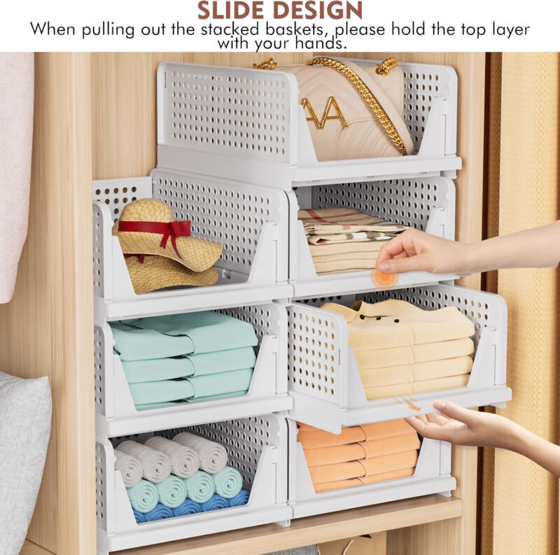 TidyIsles 8 Pack Plastic Folding Closet Stackable Storage Basket Closet White