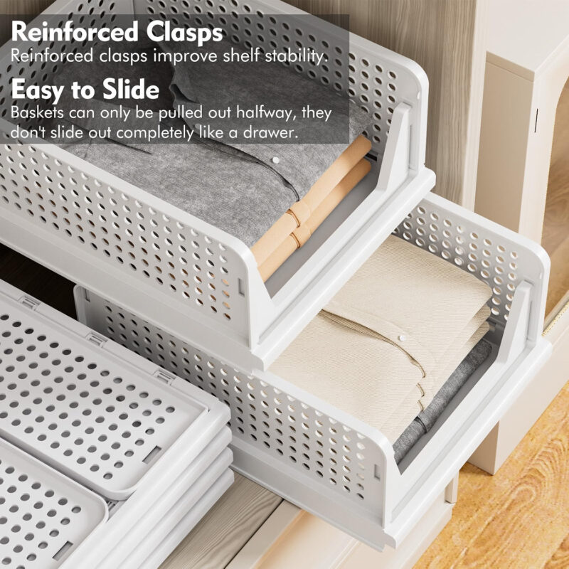 TidyIsles 8 Pack Plastic Folding Closet Stackable Storage Basket Closet White